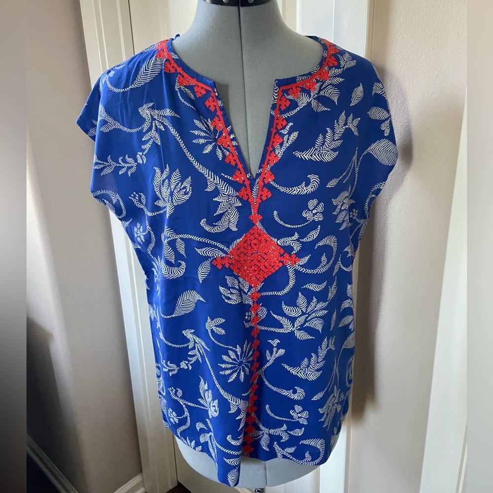 Lucky Brand (Irving & Fine) Short Sleeve Top, Royal Blue, Red and Gray, Size S